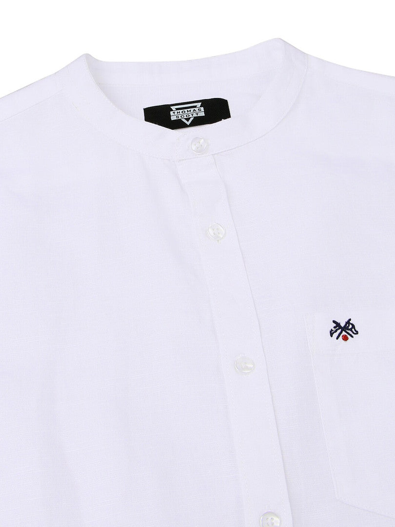White Mandarin Collar Long Sleeves Premium Cotton Linen Slim Fit Casual Shirt For Men
