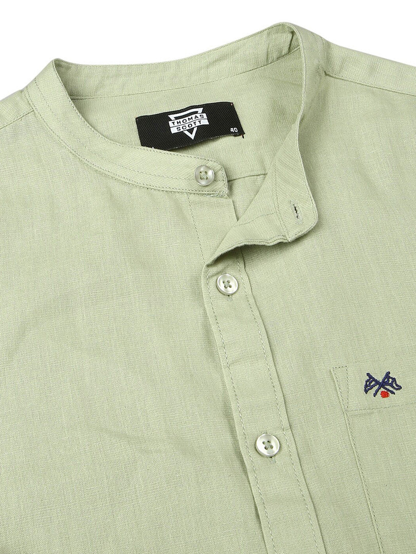 Pista Premium Cotton Linen Mandarin Collar Slim Fit Opaque Casual Shirt For Men