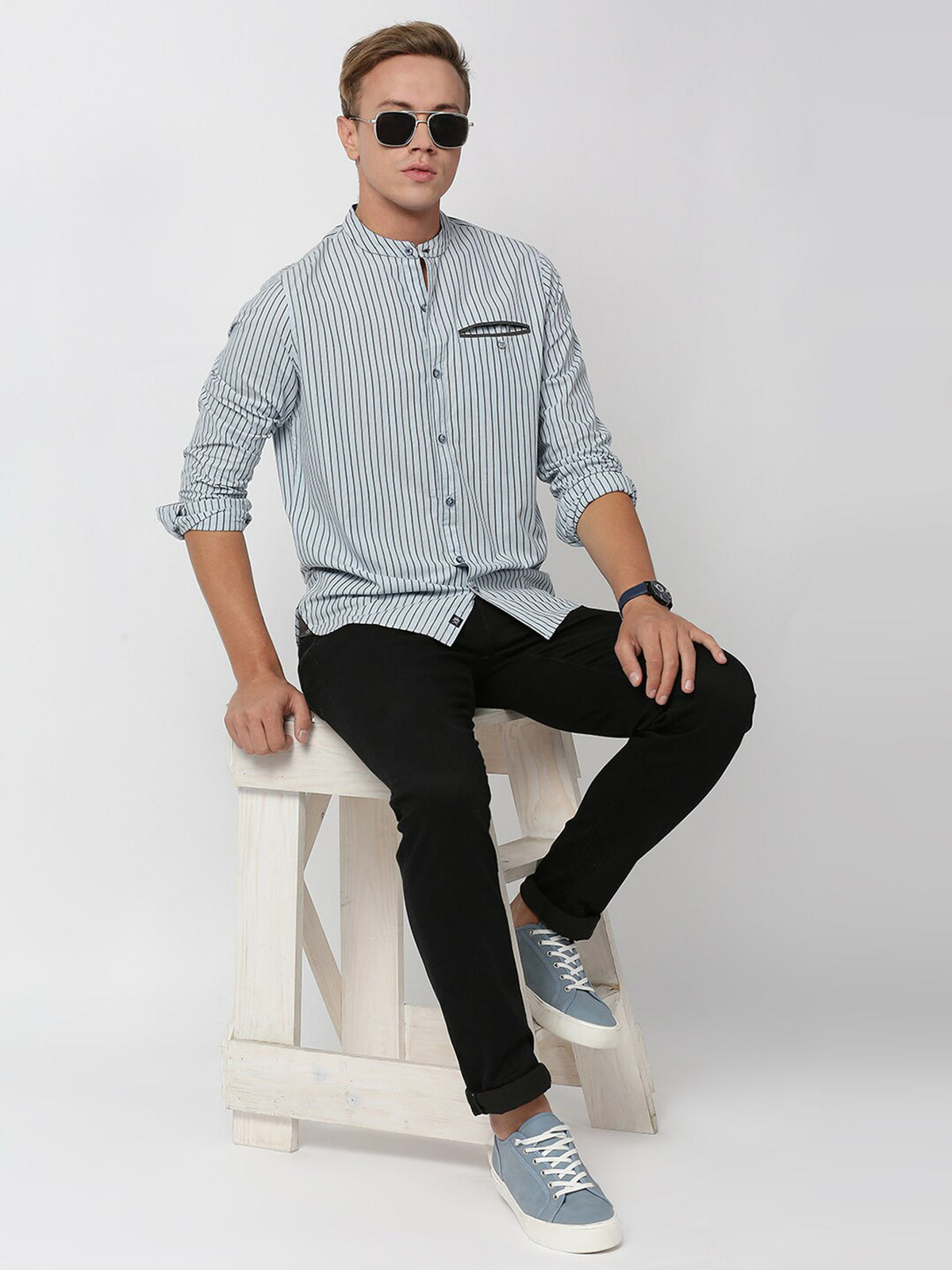 Sky Blue Long Sleeves Regular Fit Pinsriped Cotton Linen Mandarin Collar Casual Shirt