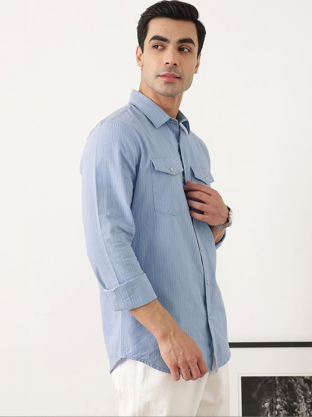 Blue Premium Slim Fit Long Sleeves Spread Collar Pinstripes Cotton Linen Casual Shirt For Men