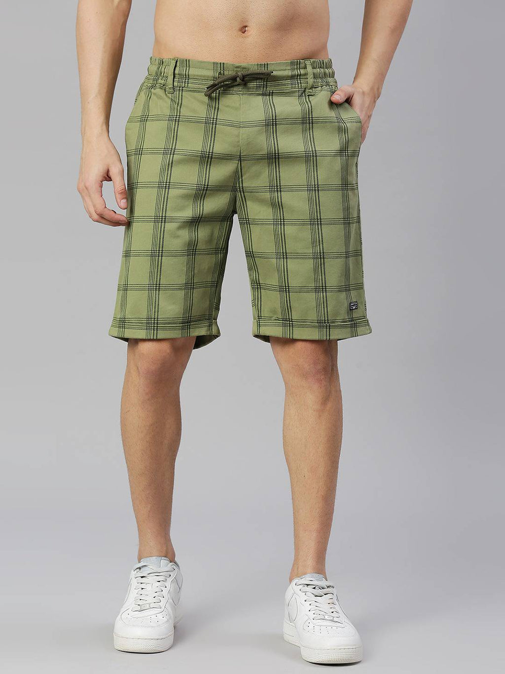 Thomas Scott Men Olive Green Checked Slim Fit Chino Shorts