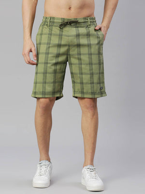 Thomas Scott Men Olive Green Checked Slim Fit Chino Shorts