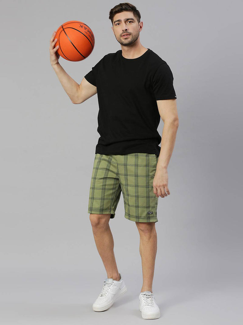 Thomas Scott Men Olive Green Checked Slim Fit Chino Shorts