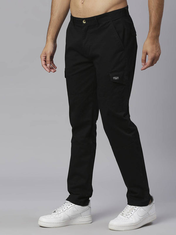Black Smart Slim Fit Mid-Rise Easy Wash Cargo Trouser For Men