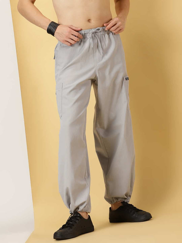 Steel Grey Relaxed Parachute Fit Mid Rise Solid Cotton Woven Cargo Trouser For Men