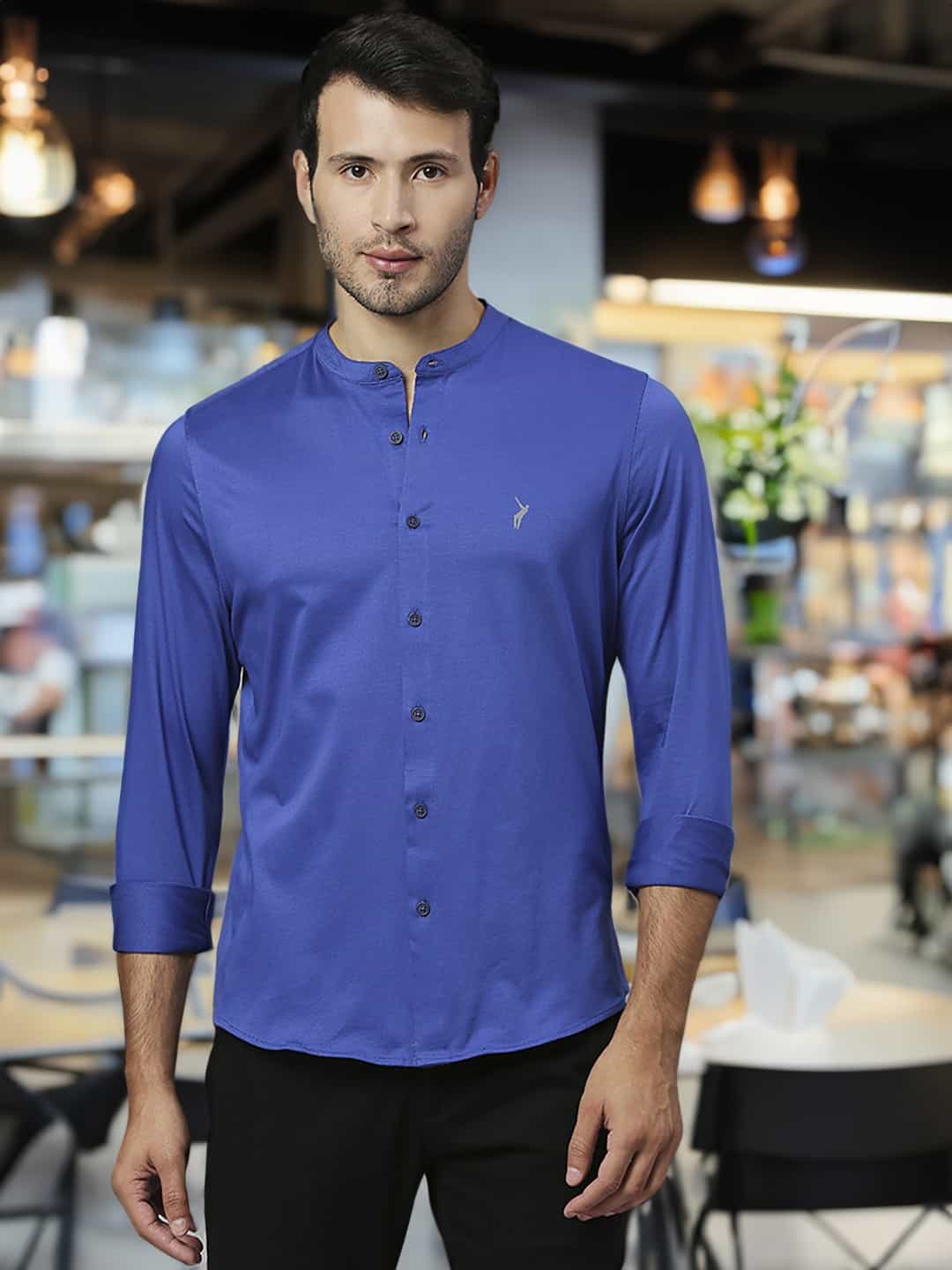 Thomas Scott Men Band Collar Classic Slim Fit Casual Shirt