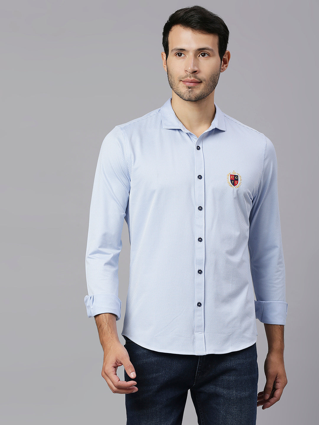 Thomas Scott Men Baby Blue Classic Slim Fit Long Sleeves Spread Collar Pinstripes Knitted Casual Shirt
