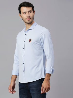 Thomas Scott Men Baby Blue Classic Slim Fit Long Sleeves Spread Collar Pinstripes Knitted Casual Shirt
