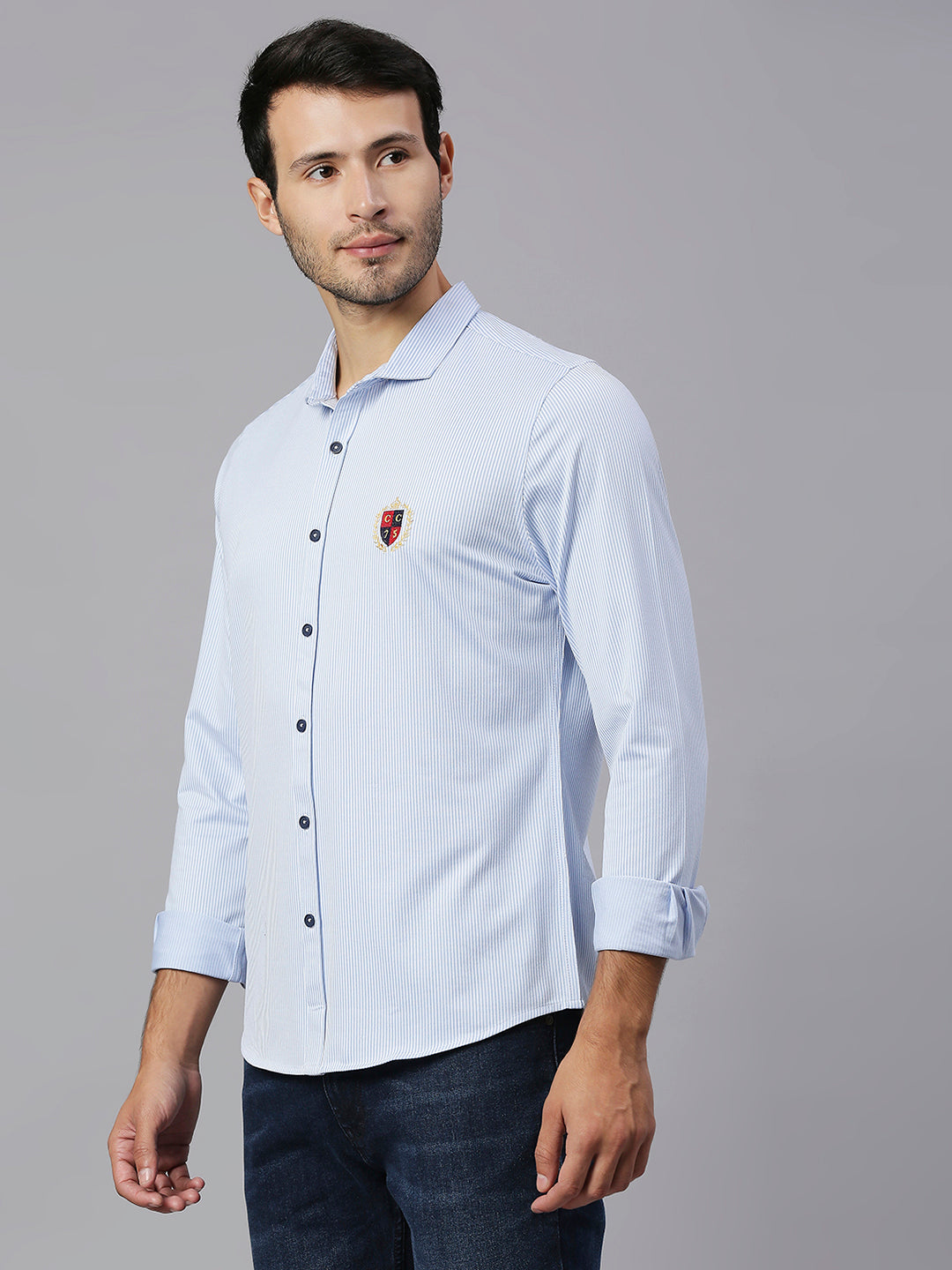 Thomas Scott Men Baby Blue Classic Slim Fit Long Sleeves Spread Collar Pinstripes Knitted Casual Shirt