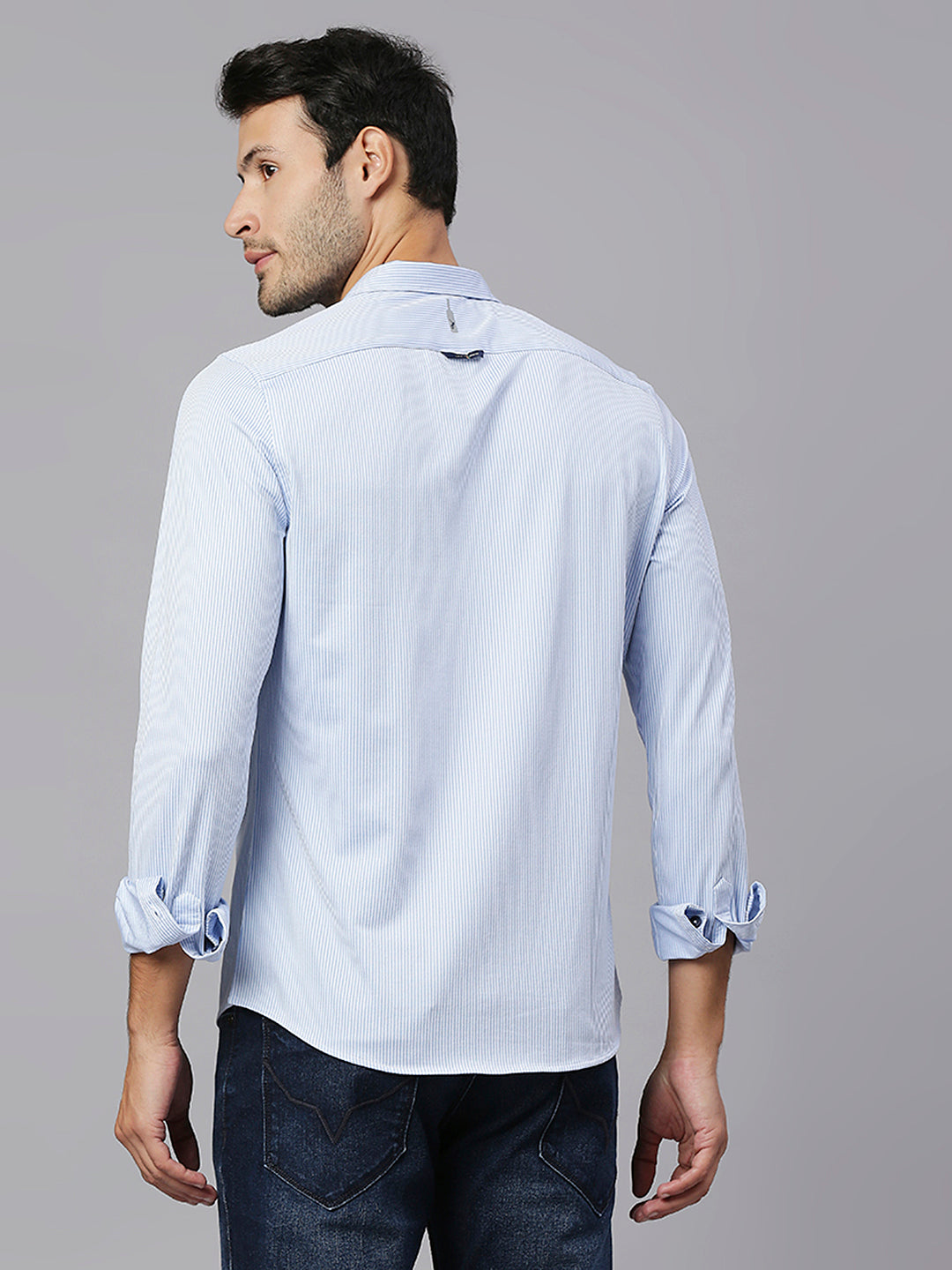 Thomas Scott Men Baby Blue Classic Slim Fit Long Sleeves Spread Collar Pinstripes Knitted Casual Shirt