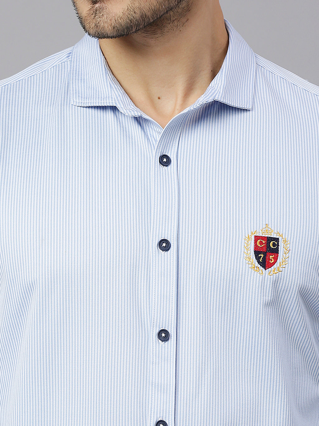 Thomas Scott Men Baby Blue Classic Slim Fit Long Sleeves Spread Collar Pinstripes Knitted Casual Shirt