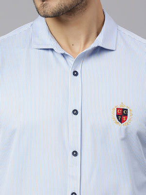Thomas Scott Men Baby Blue Classic Slim Fit Long Sleeves Spread Collar Pinstripes Knitted Casual Shirt
