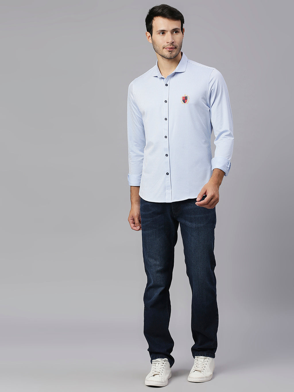 Thomas Scott Men Baby Blue Classic Slim Fit Long Sleeves Spread Collar Pinstripes Knitted Casual Shirt