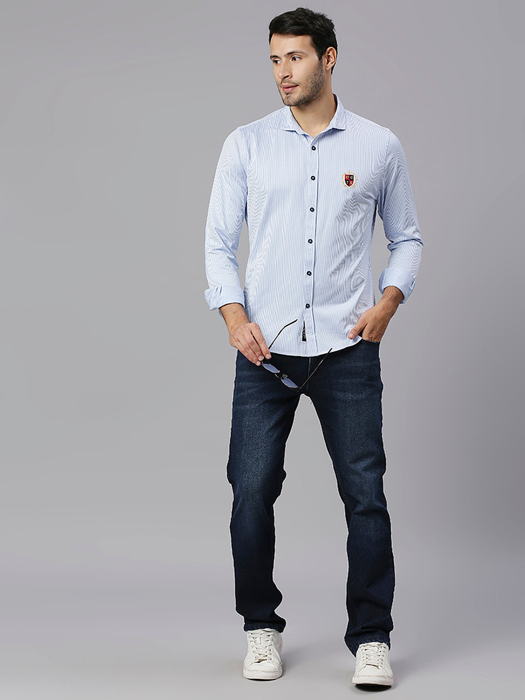 Thomas Scott Men Baby Blue Classic Slim Fit Long Sleeves Spread Collar Pinstripes Knitted Casual Shirt