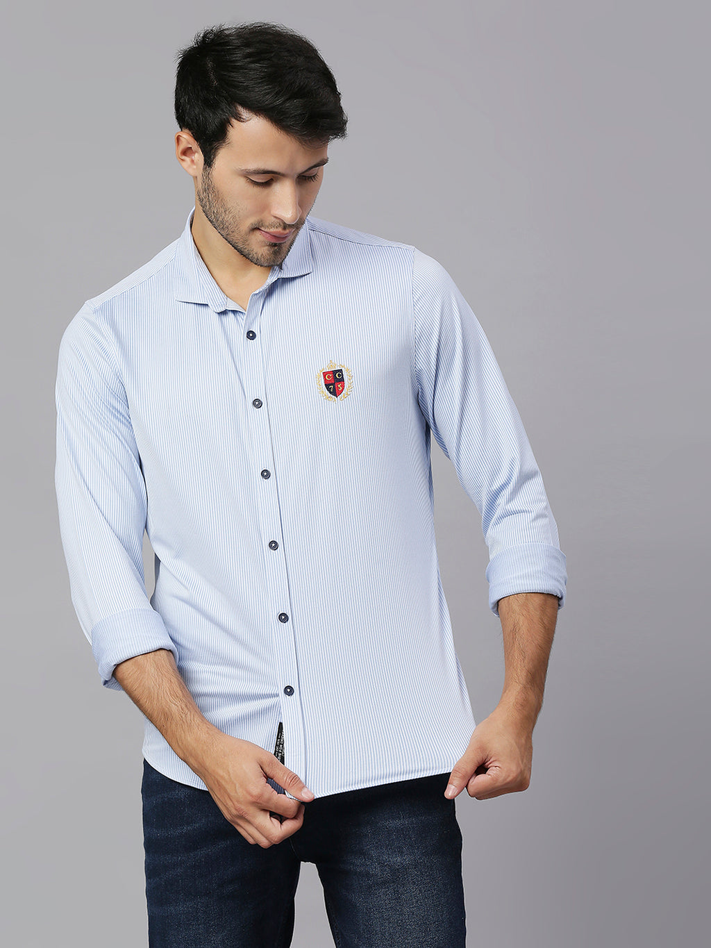 Thomas Scott Men Baby Blue Classic Slim Fit Long Sleeves Spread Collar Pinstripes Knitted Casual Shirt