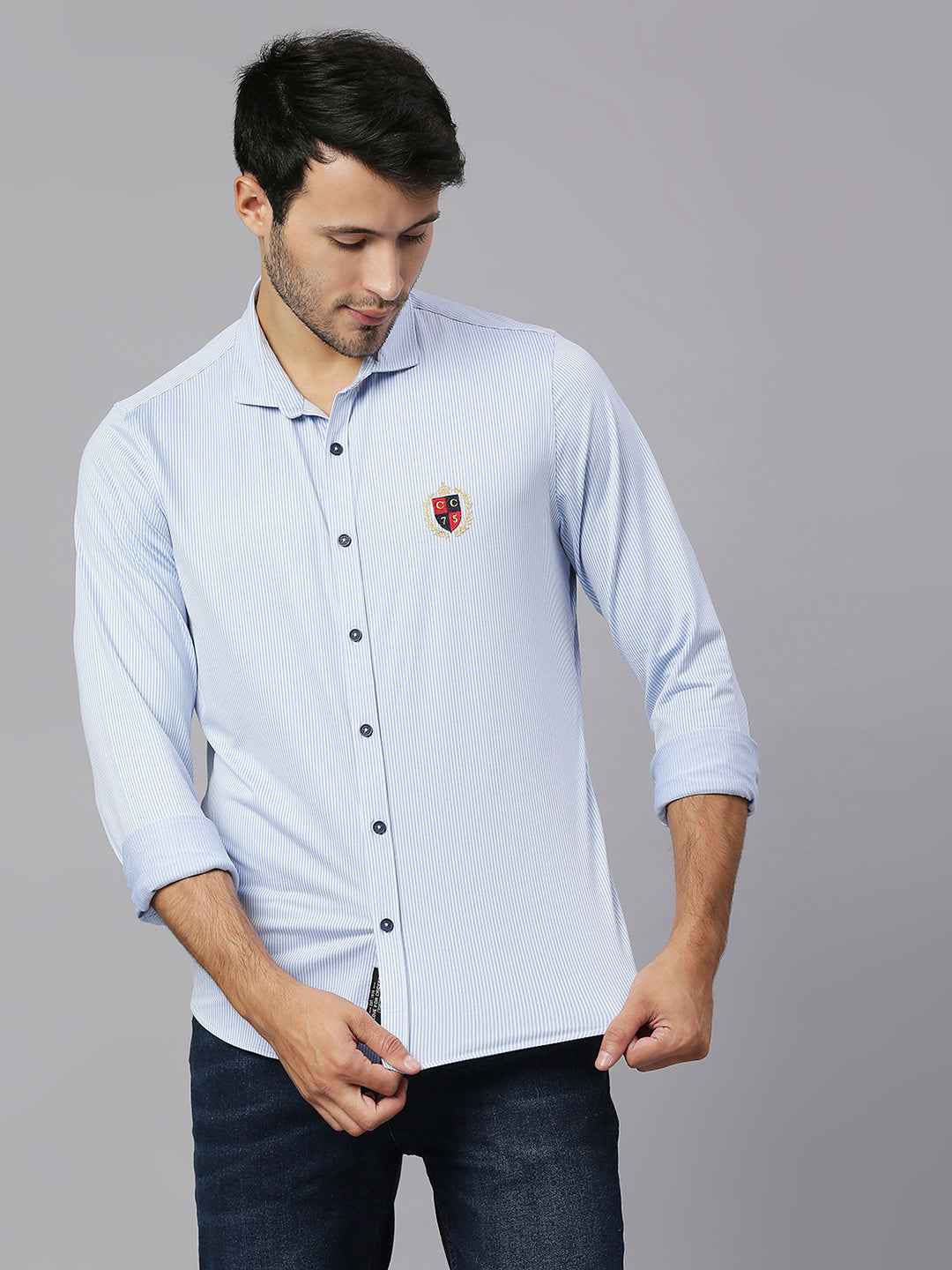 Thomas Scott Men Baby Blue Classic Slim Fit Long Sleeves Spread Collar Pinstripes Knitted Casual Shirt