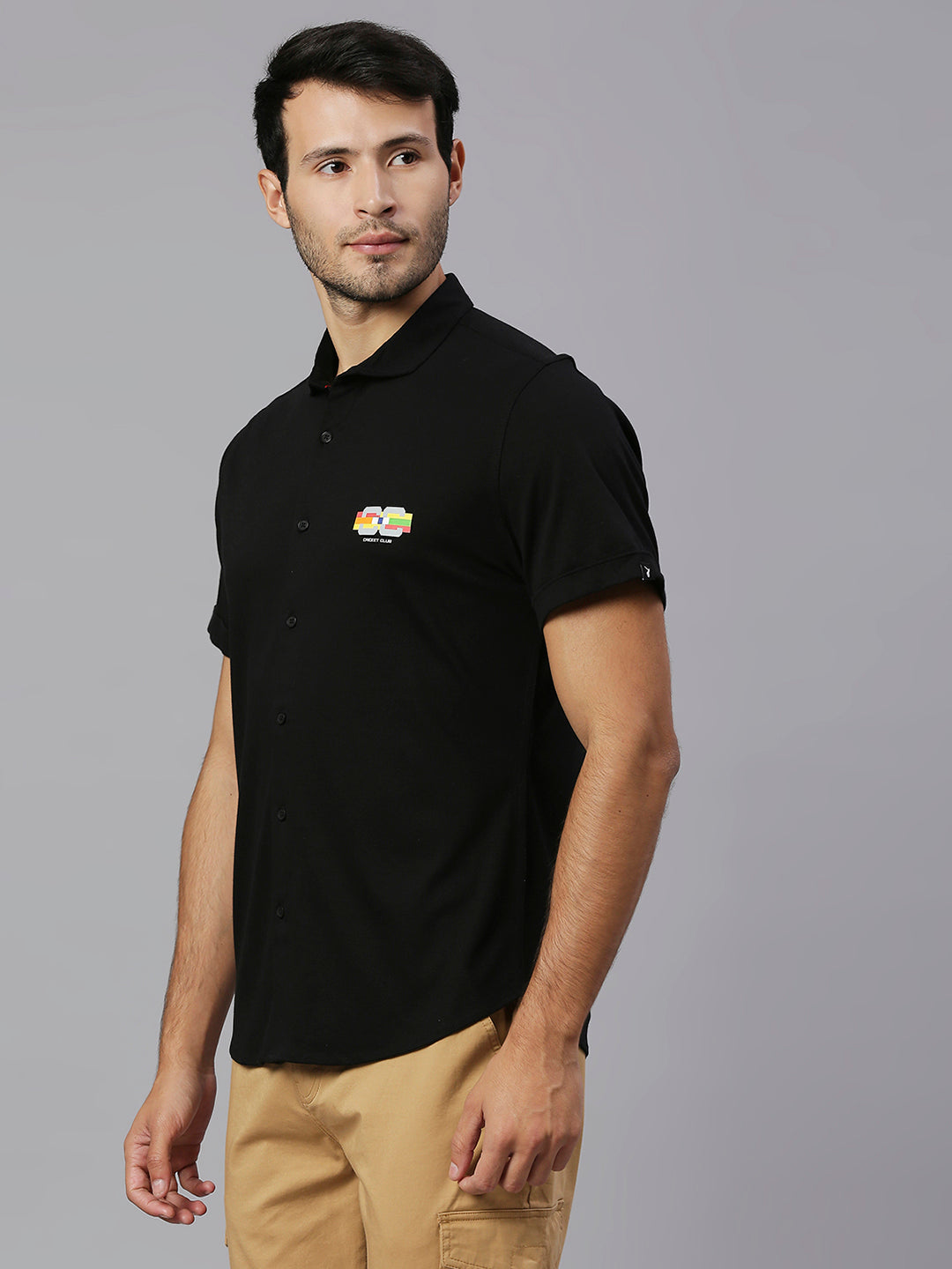 Thomas Scott Men Black Cricket Club Collection Slim Fit Classic 4 Way Stretch Spread Collar Solid Knitted Casual Shirt Casual Shirt