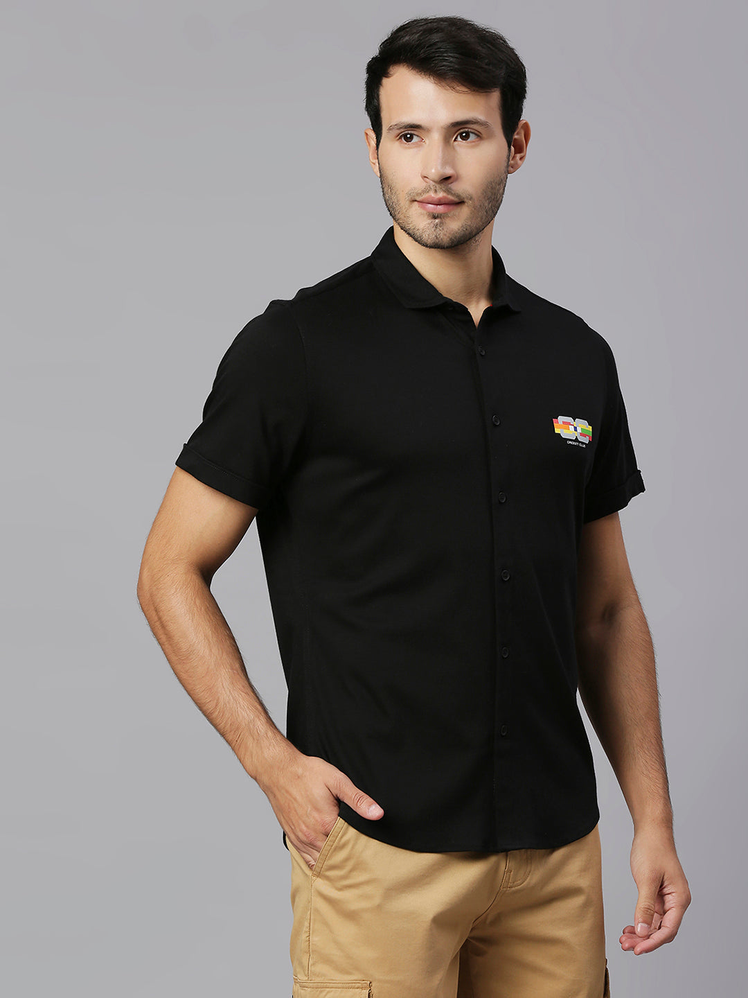 Thomas Scott Men Black Cricket Club Collection Slim Fit Classic 4 Way Stretch Spread Collar Solid Knitted Casual Shirt Casual Shirt