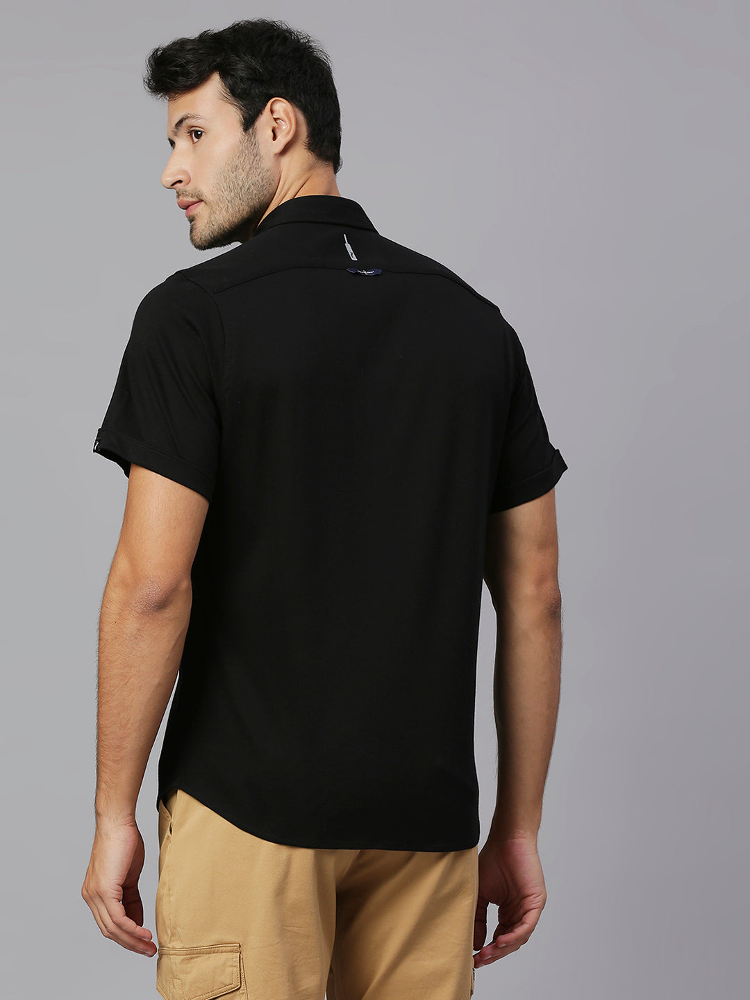 Thomas Scott Men Black Cricket Club Collection Slim Fit Classic 4 Way Stretch Spread Collar Solid Knitted Casual Shirt Casual Shirt