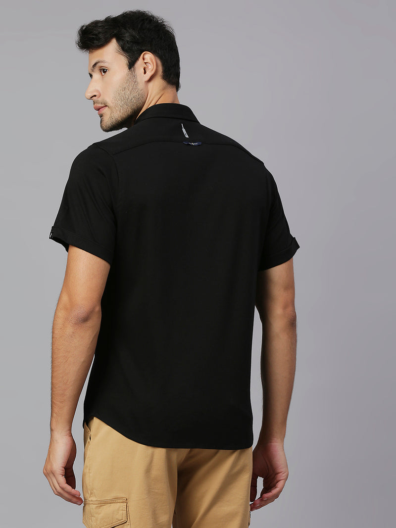 Thomas Scott Men Black Cricket Club Collection Slim Fit Classic 4 Way Stretch Spread Collar Solid Knitted Casual Shirt Casual Shirt
