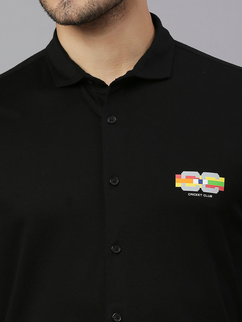 Thomas Scott Men Black Cricket Club Collection Slim Fit Classic 4 Way Stretch Spread Collar Solid Knitted Casual Shirt Casual Shirt