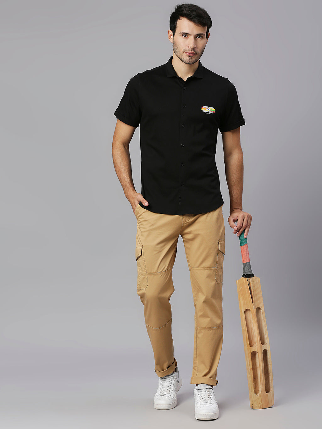 Thomas Scott Men Black Cricket Club Collection Slim Fit Classic 4 Way Stretch Spread Collar Solid Knitted Casual Shirt Casual Shirt