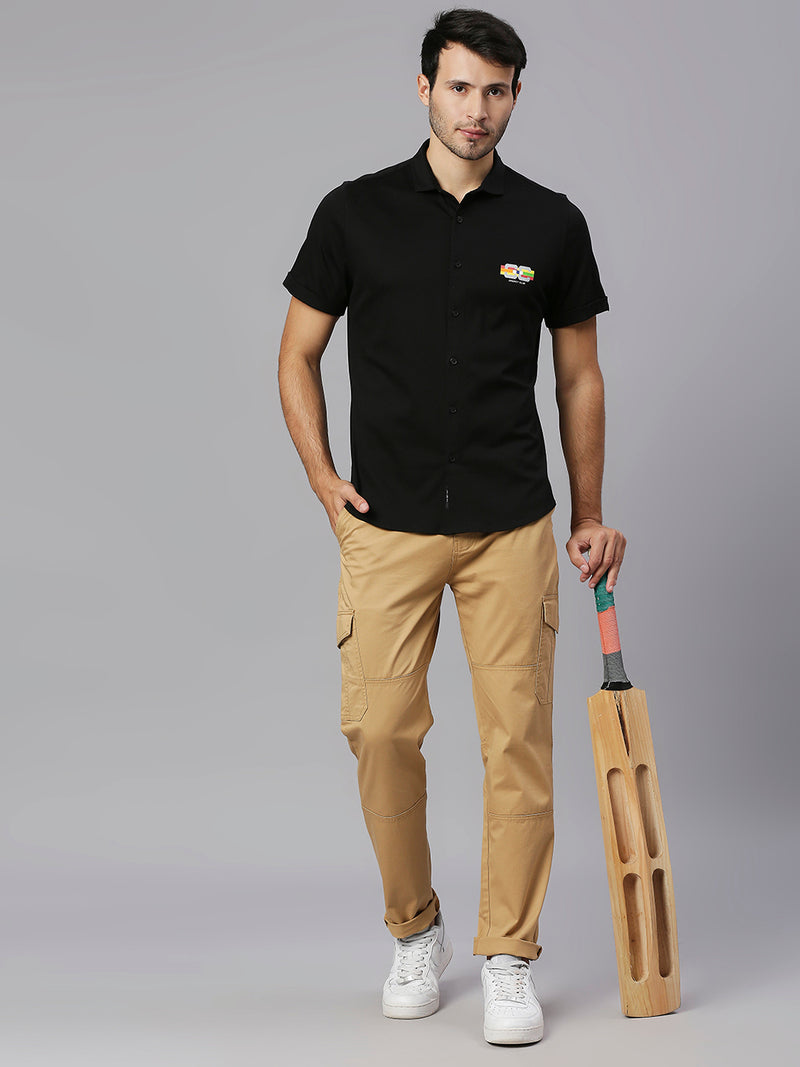 Thomas Scott Men Black Cricket Club Collection Slim Fit Classic 4 Way Stretch Spread Collar Solid Knitted Casual Shirt Casual Shirt