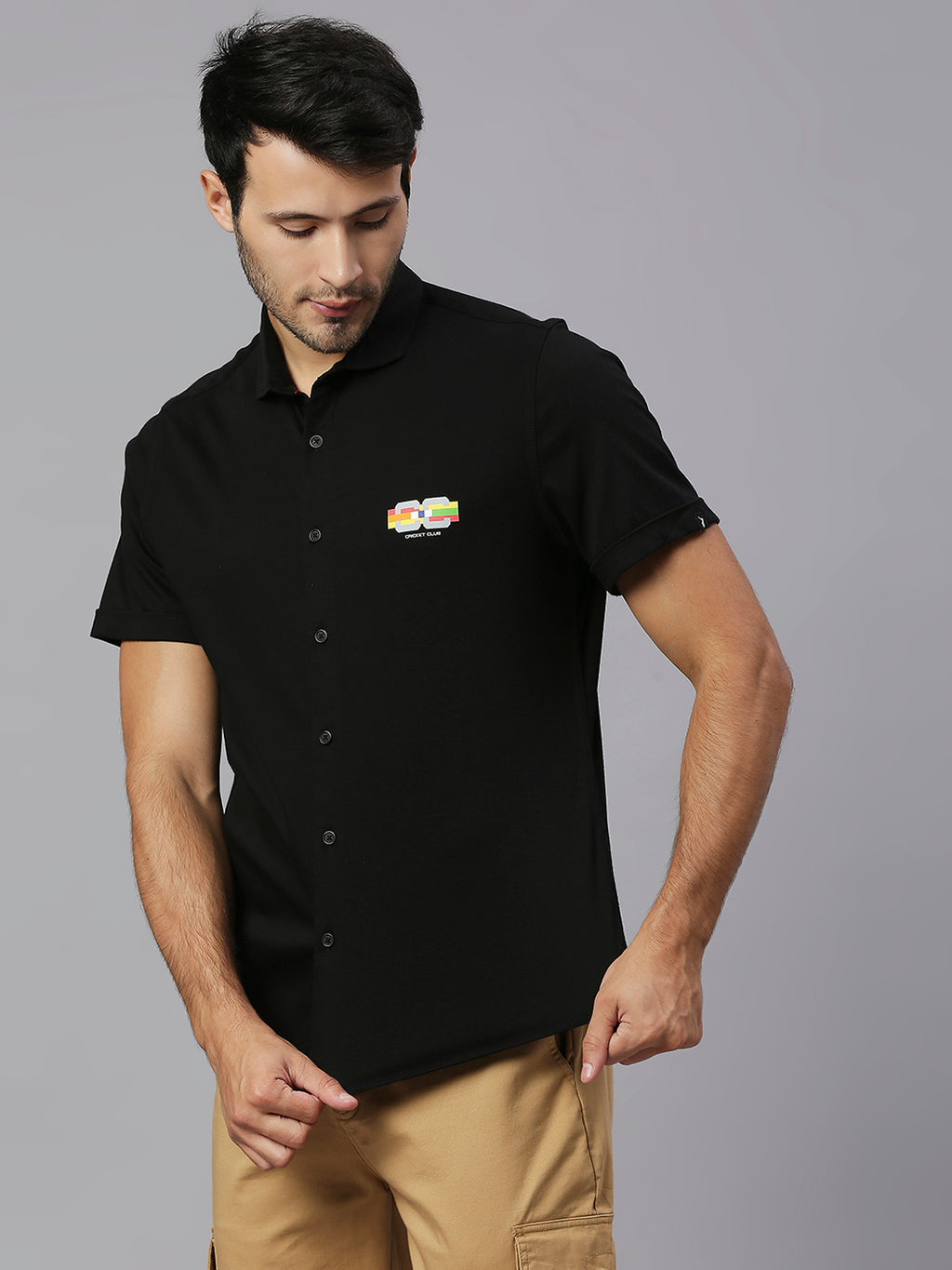 Thomas Scott Men Black Cricket Club Collection Slim Fit Classic 4 Way Stretch Spread Collar Solid Knitted Casual Shirt Casual Shirt