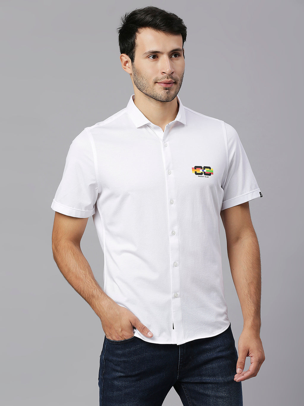 Thomas Scott Men White Cricket Club Collection Slim Fit Classic 4 Way Stretch Spread Collar Solid Knitted Casual Shirt Casual Shirt