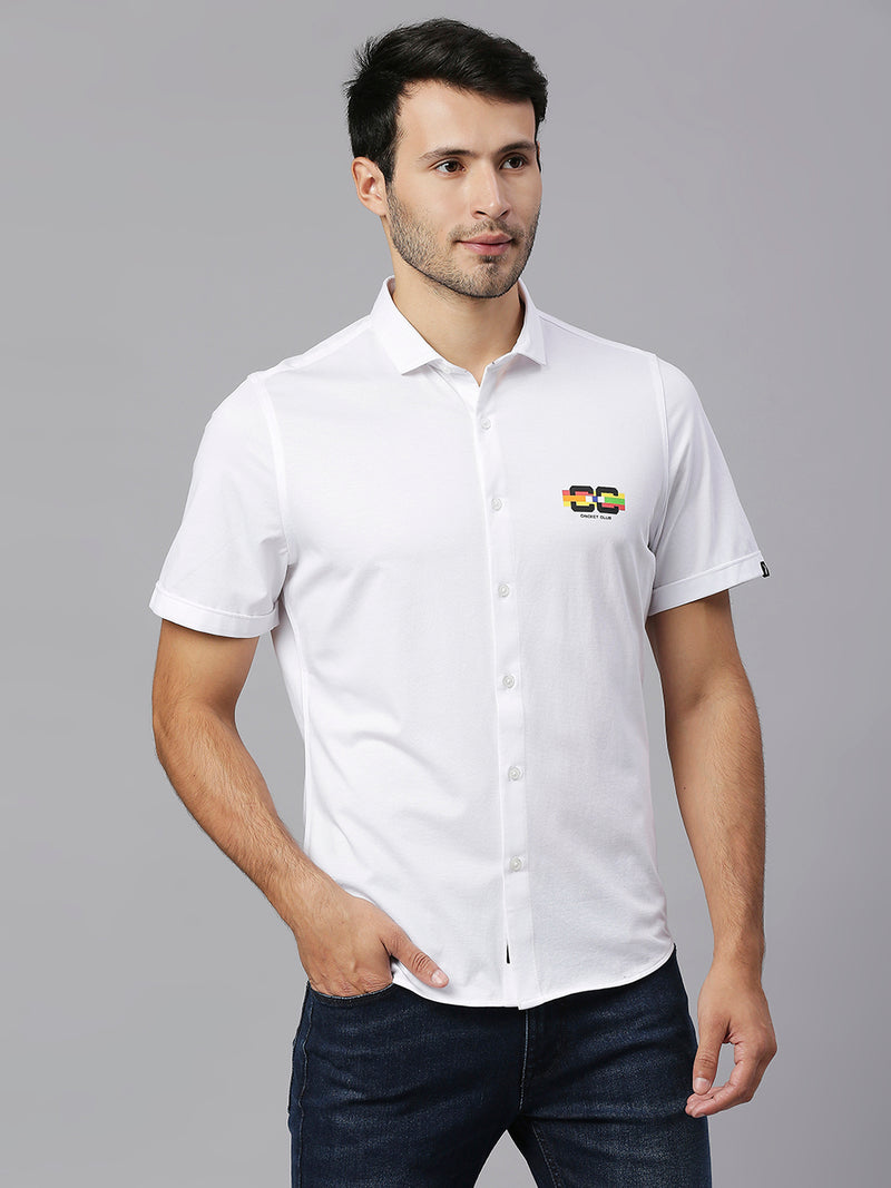 Thomas Scott Men White Cricket Club Collection Slim Fit Classic 4 Way Stretch Spread Collar Solid Knitted Casual Shirt Casual Shirt