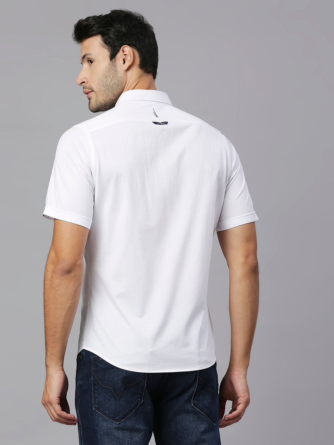 Thomas Scott Men White Cricket Club Collection Slim Fit Classic 4 Way Stretch Spread Collar Solid Knitted Casual Shirt Casual Shirt
