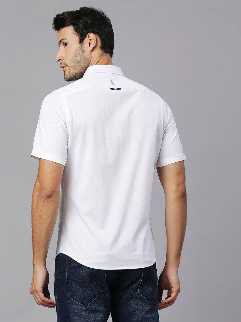 Thomas Scott Men White Cricket Club Collection Slim Fit Classic 4 Way Stretch Spread Collar Solid Knitted Casual Shirt Casual Shirt
