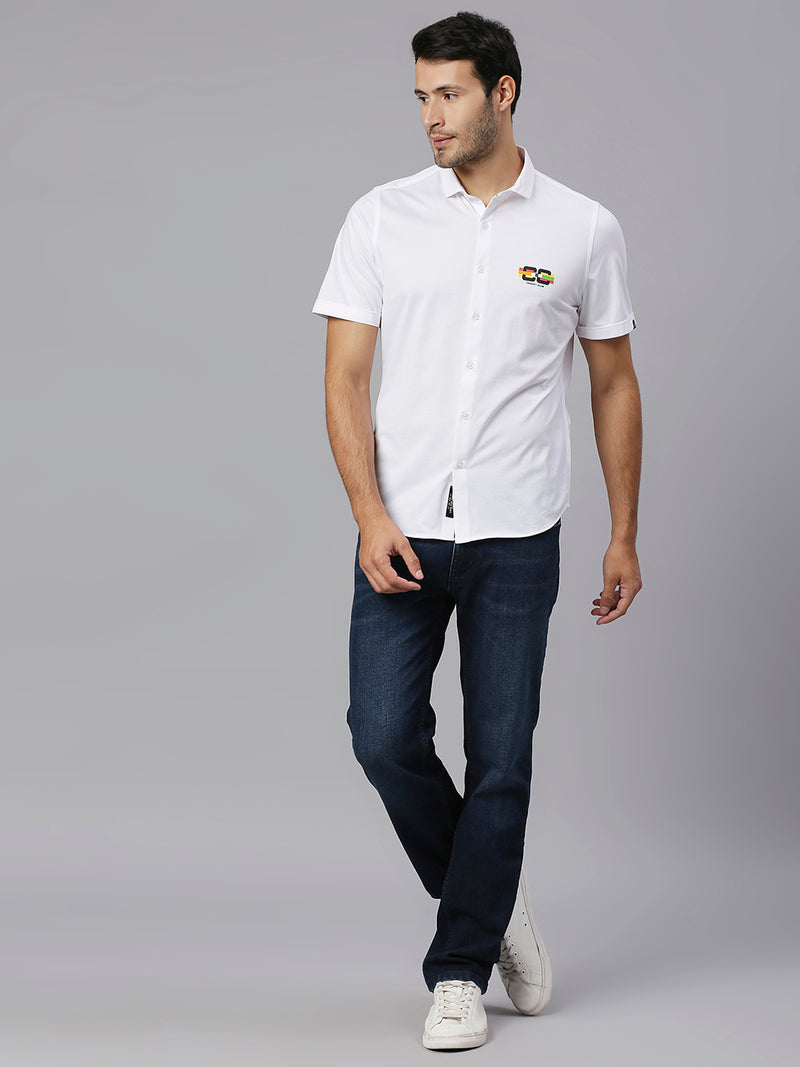 Thomas Scott Men White Cricket Club Collection Slim Fit Classic 4 Way Stretch Spread Collar Solid Knitted Casual Shirt Casual Shirt