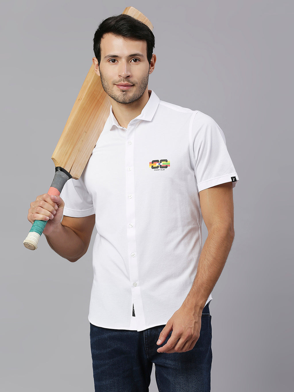 Thomas Scott Men White Cricket Club Collection Slim Fit Classic 4 Way Stretch Spread Collar Solid Knitted Casual Shirt Casual Shirt
