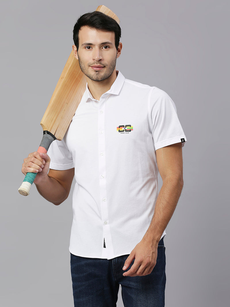Thomas Scott Men White Cricket Club Collection Slim Fit Classic 4 Way Stretch Spread Collar Solid Knitted Casual Shirt Casual Shirt