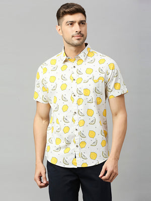 Thomas Scott Men Beige Classic Short Sleeves Slim Fit Spread Collar Conversational Printed Cotton Casual Shirt