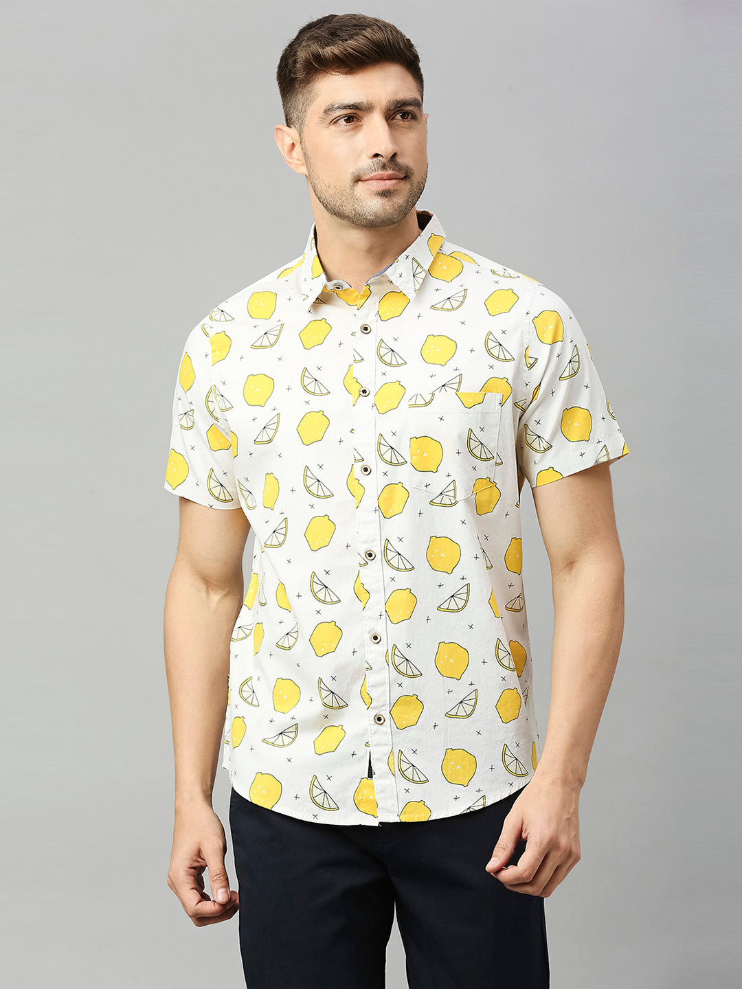 Thomas Scott Men Beige Classic Short Sleeves Slim Fit Spread Collar Conversational Printed Cotton Casual Shirt