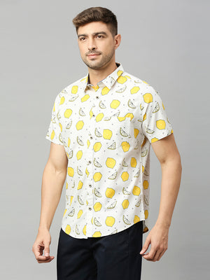 Thomas Scott Men Beige Classic Short Sleeves Slim Fit Spread Collar Conversational Printed Cotton Casual Shirt