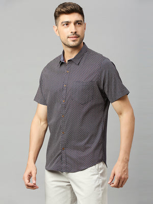 Thomas Scott Men Black 1Classic Short Sleeves Slim Fit Spread Collar Micro Ditsy Printed Cotton Casual Shirt