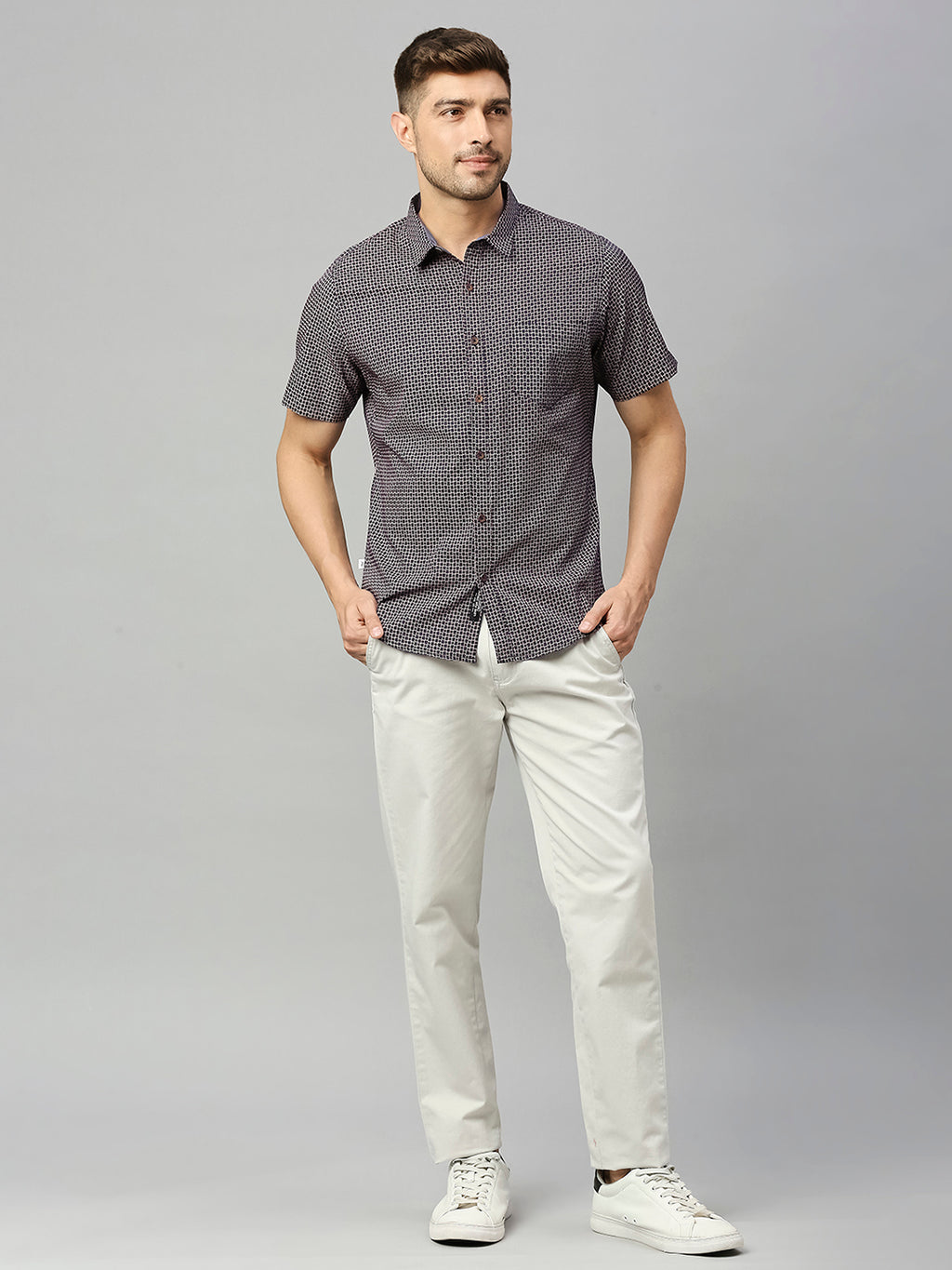 Thomas Scott Men Black 1Classic Short Sleeves Slim Fit Spread Collar Micro Ditsy Printed Cotton Casual Shirt
