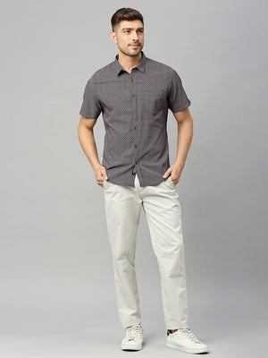 Thomas Scott Men Black 1Classic Short Sleeves Slim Fit Spread Collar Micro Ditsy Printed Cotton Casual Shirt