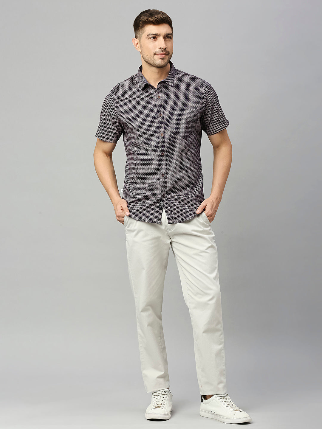 Thomas Scott Men Black 1Classic Short Sleeves Slim Fit Spread Collar Micro Ditsy Printed Cotton Casual Shirt