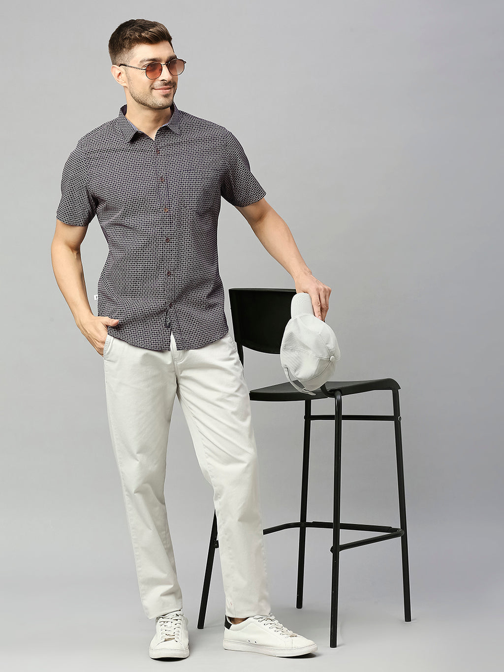 Thomas Scott Men Black 1Classic Short Sleeves Slim Fit Spread Collar Micro Ditsy Printed Cotton Casual Shirt