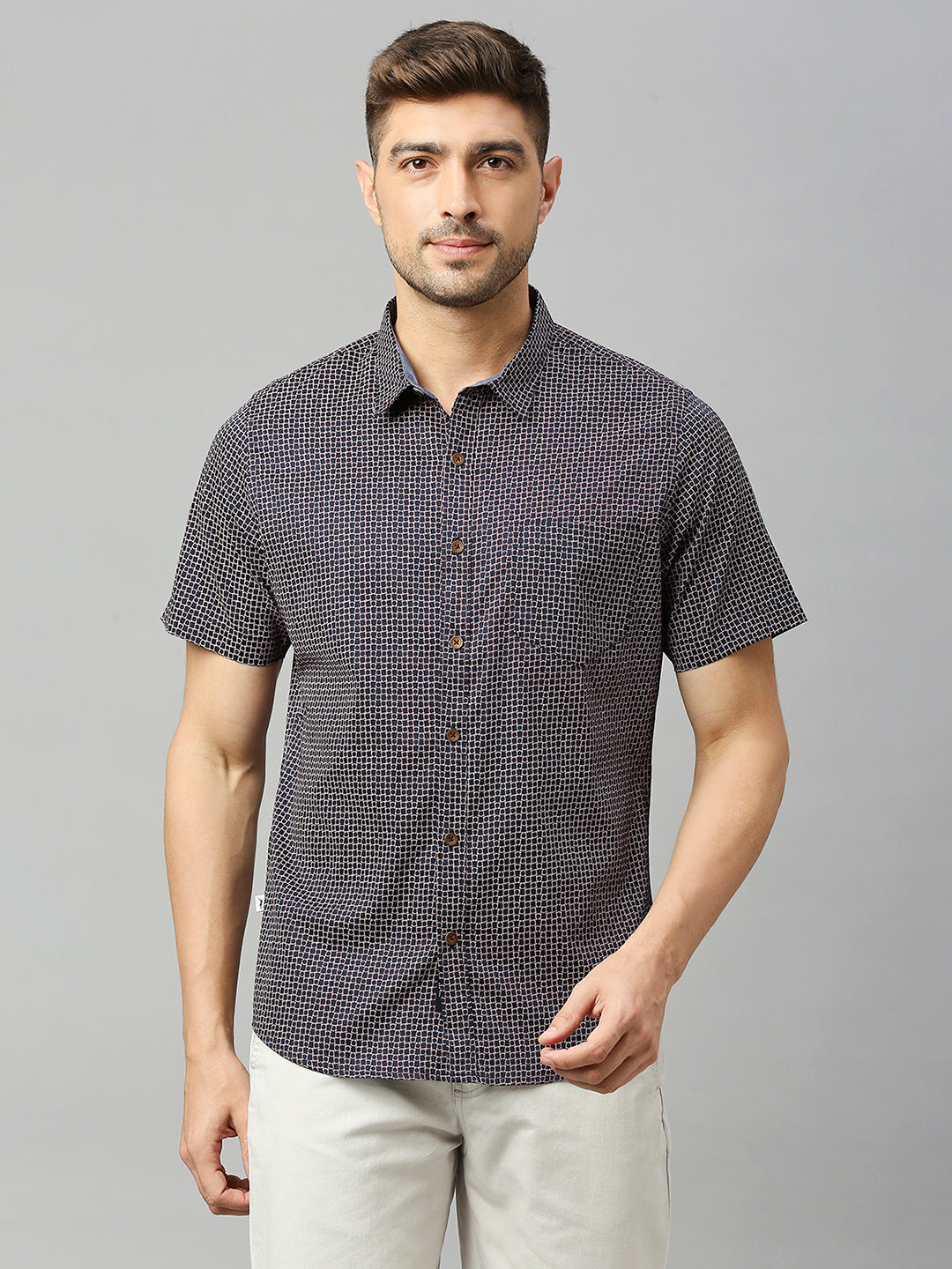 Thomas Scott Men Black 1Classic Short Sleeves Slim Fit Spread Collar Micro Ditsy Printed Cotton Casual Shirt