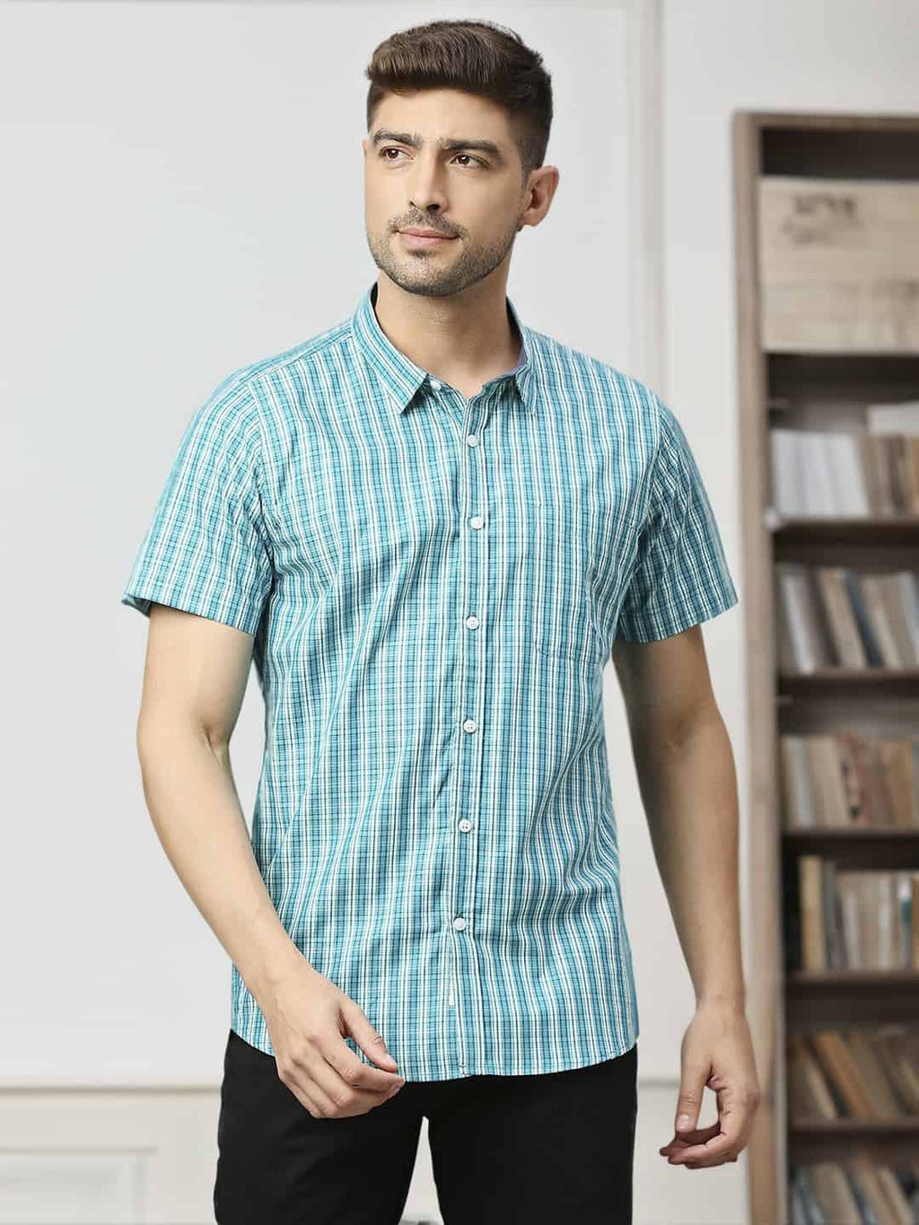 Thomas Scott Men Classic Slim Fit Gingham Checked Casual Pure Cotton Shirt