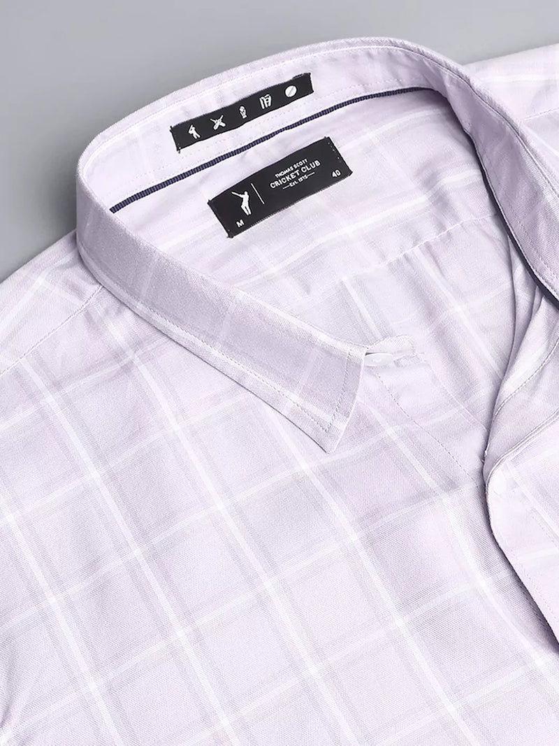 Thomas Scott Men Windowpane Checked Spread Collar Classic Slim Fit Casual Cotton Shirt