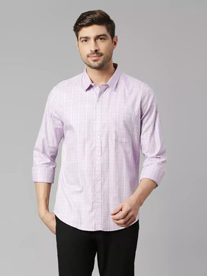 Thomas Scott Men Windowpane Checked Spread Collar Classic Slim Fit Casual Cotton Shirt