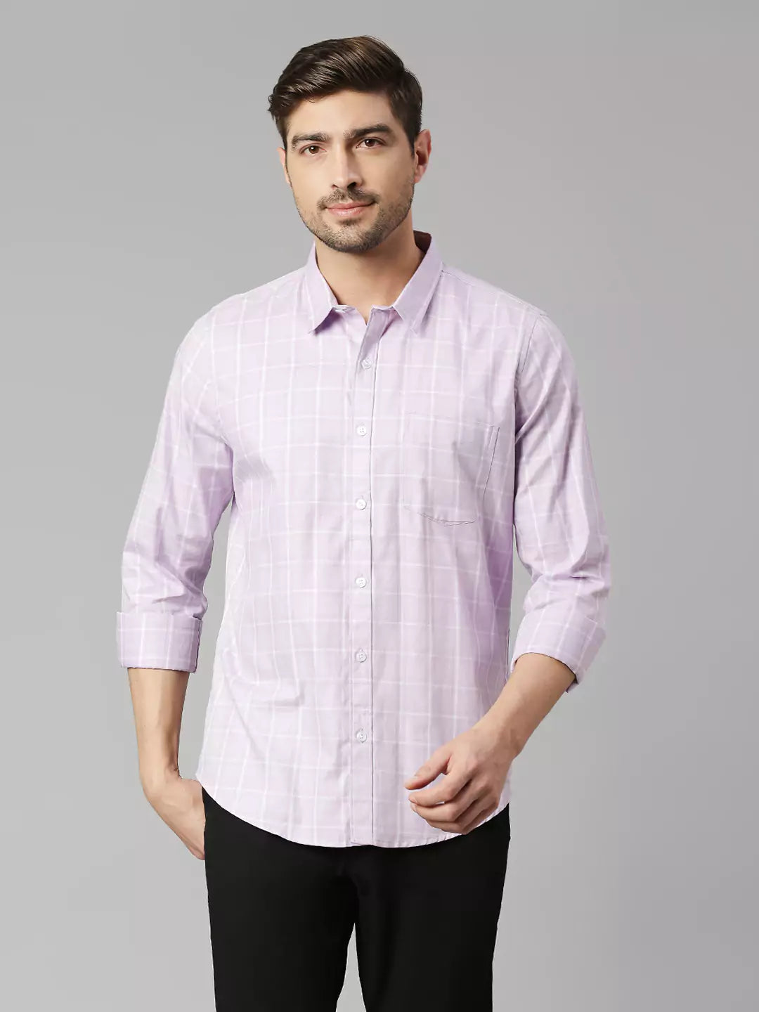 Thomas Scott Men Windowpane Checked Spread Collar Classic Slim Fit Casual Cotton Shirt