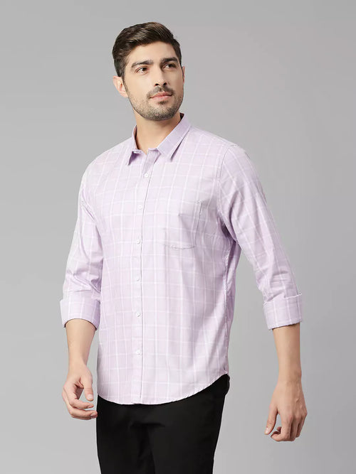Thomas Scott Men Windowpane Checked Spread Collar Classic Slim Fit Casual Cotton Shirt