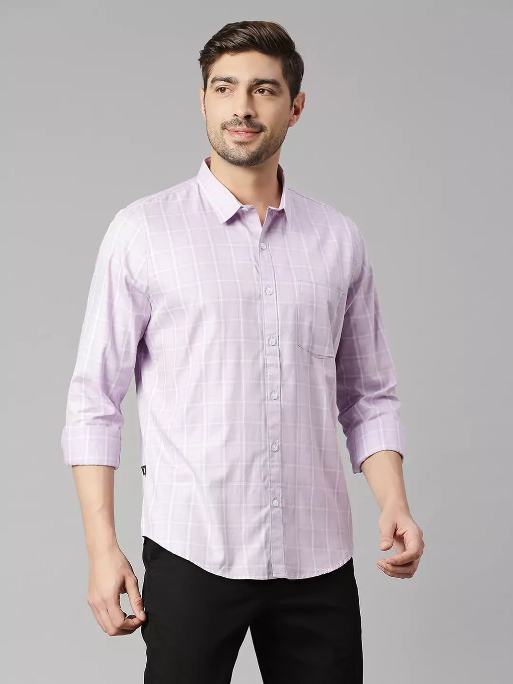 Thomas Scott Men Windowpane Checked Spread Collar Classic Slim Fit Casual Cotton Shirt